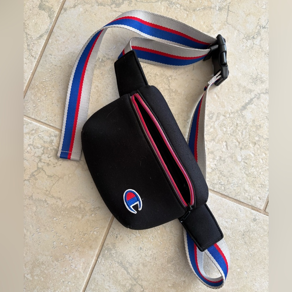 Champion Black Waist Bag with Red Zipper & Tricolor Strap